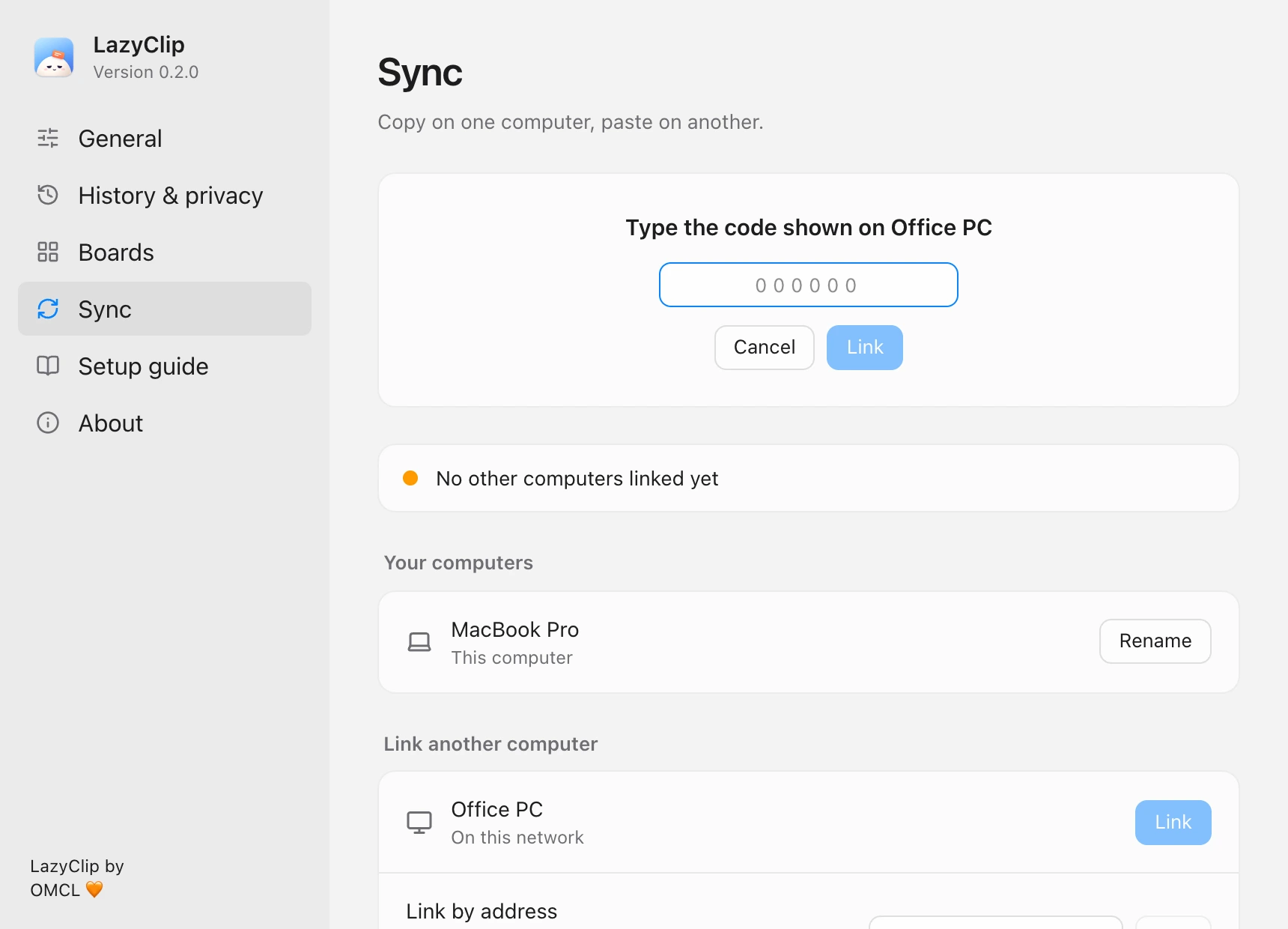 On the Mac: Type the code shown on Office PC.