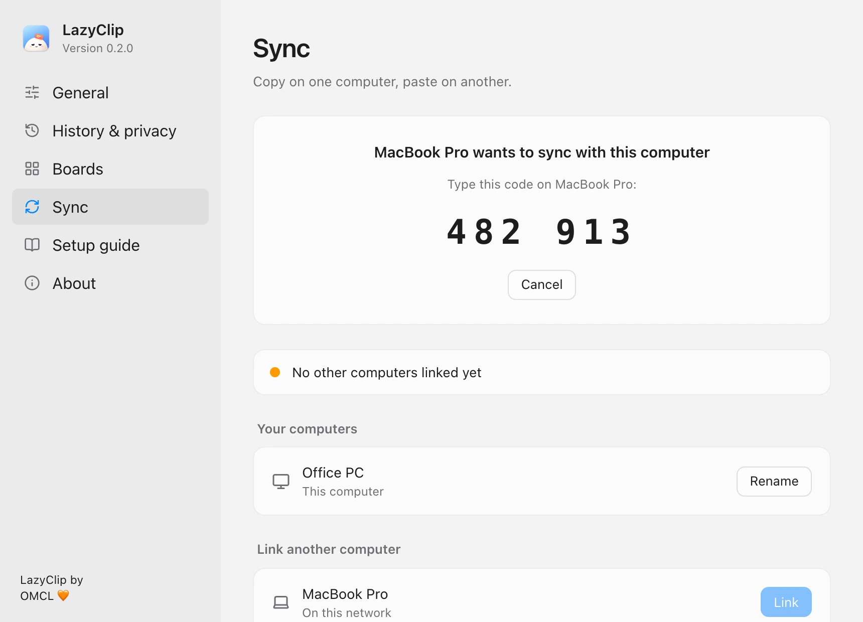 On the PC: MacBook Pro wants to sync with this computer, with the code 482 913.