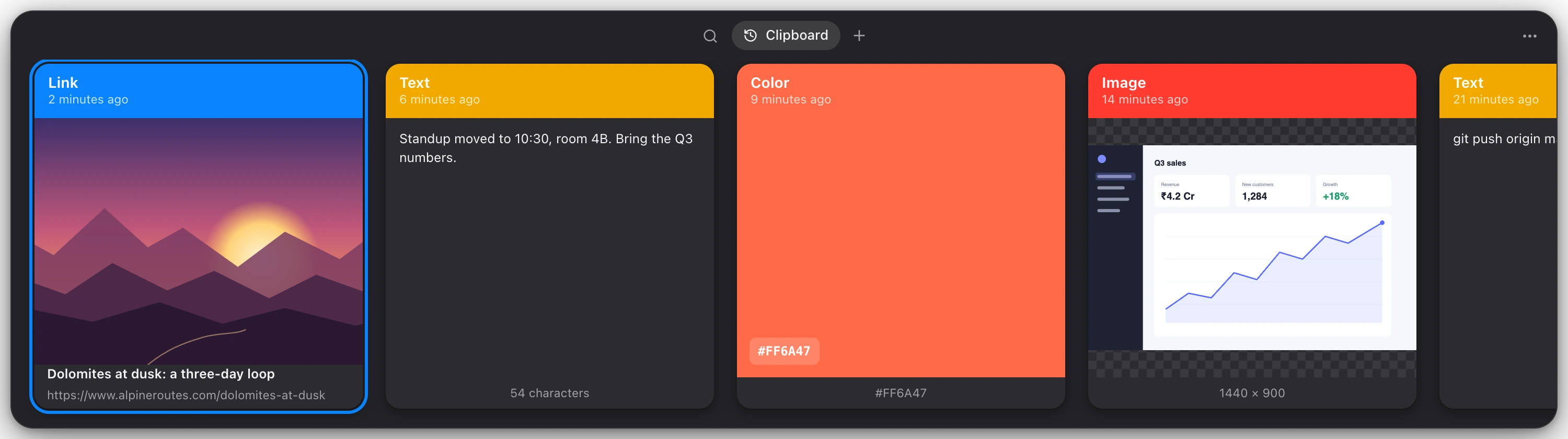The strip in dark mode on Windows, with a link, a note, a colour and a screenshot.